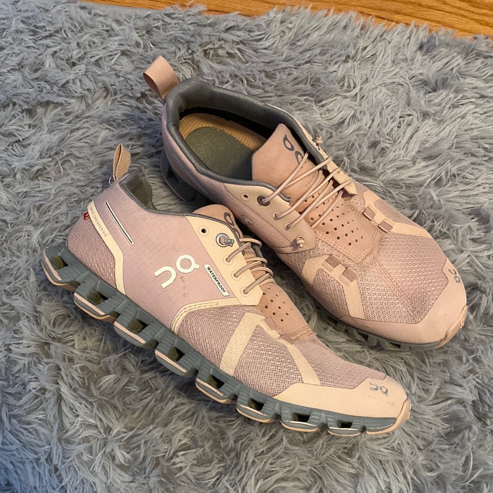 On Running Pink and Gray Athletic Shoes